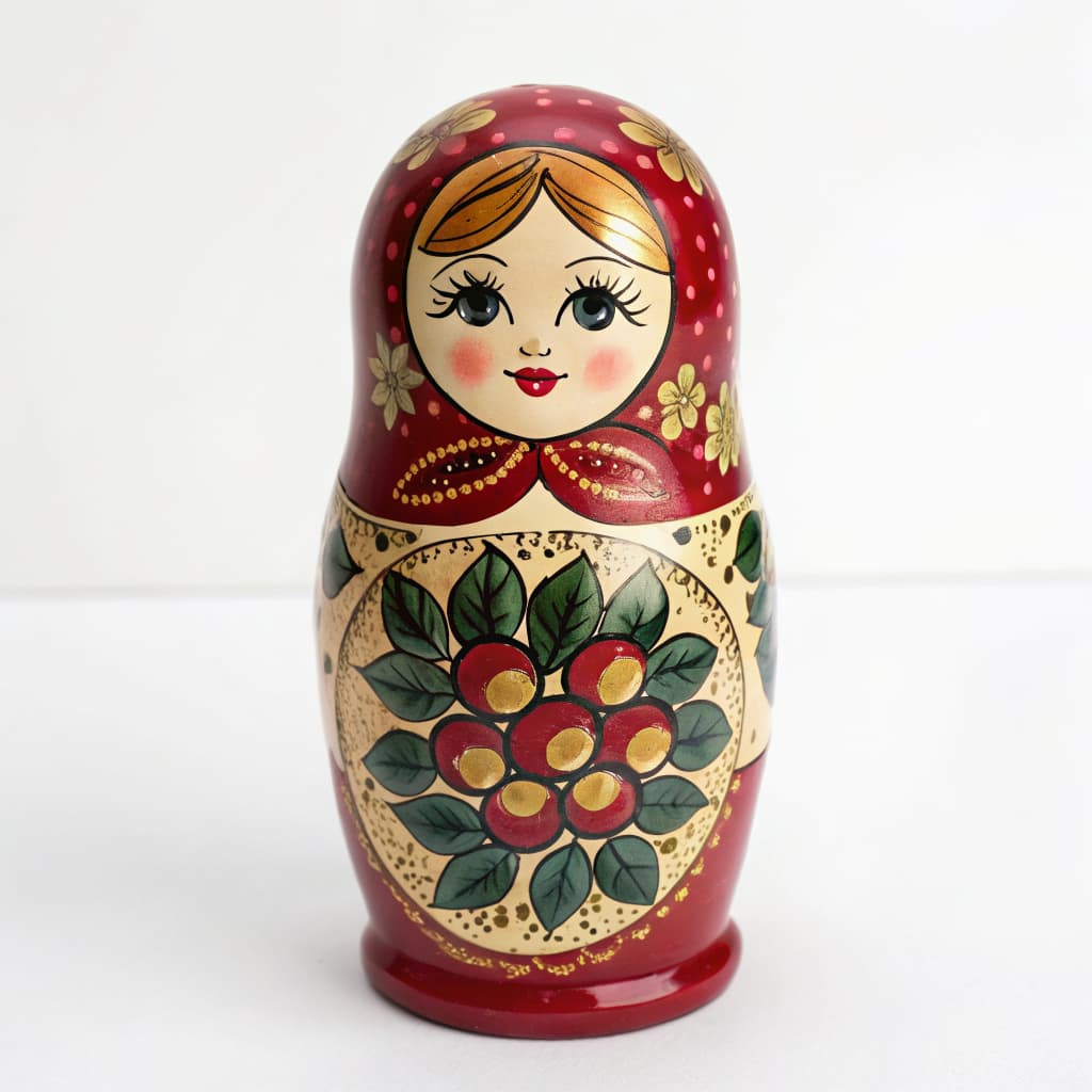 Classic matryoshka nesting doll in ruby red with rosehip design